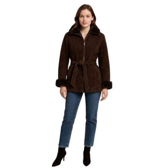 Wilsons Leather Brown Faux Fur Collar Cuffs Suede Leather Coat - Picture 3 of 17